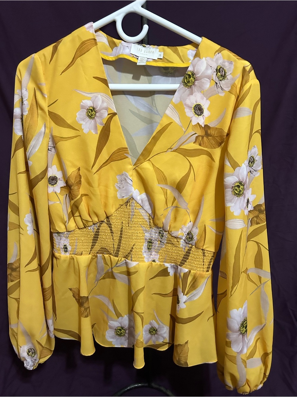 Ted Baker Yellow Floral V-Neck Smocked-Waist Blouse